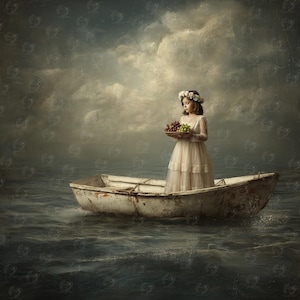 Puede incluir: Una persona con un vestido crema y una corona de flores está de pie en un pequeño bote desgastado sobre un mar ondulado. Sostiene una bandeja de uvas. El cielo está cubierto de nubes dramáticas.