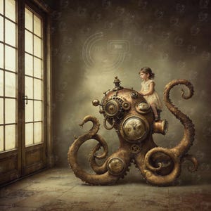 Puede incluir: Una escultura de pulpo de estilo steampunk con intrincados detalles de relojería, engranajes e indicadores. La escultura de color bronce tiene grandes tentáculos y una estructura central en la cabeza. Una persona joven está sentada encima de la escultura.