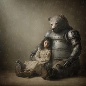 May include: A young person in a cream-colored dress sits beside a bear wearing metallic armor. The bear's head is visible, with a realistic fur texture. The image has a soft, muted color palette, creating a dreamlike atmosphere.
