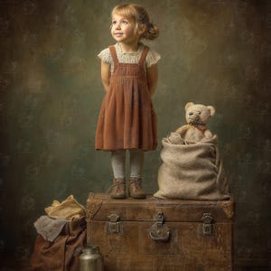 May include: A young girl in a brown corduroy dress and boots stands on a vintage wooden trunk. A teddy bear is in a burlap sack. A second bag and a metal container sit nearby, creating a nostalgic scene.