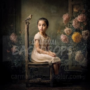 Puede incluir: Una persona joven con un vestido color crema sentada en una silla de madera, un pájaro posado en el respaldo. Flores rosas y amarillas florecen en el fondo. La imagen tiene el texto "CARMENPASCUALSOLER.COM" y "PASCUAL BACKDROPS".