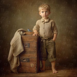 May include: A young child in a tan button-down shirt and olive-green shorts stands next to a wooden trunk. A small blue bird sits on top of the trunk, with a tan blanket draped over the side. The background has a vintage wallpaper design.