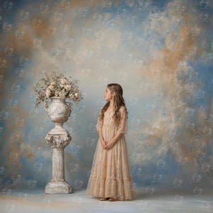 May include: A young person in a beige dress stands near a decorative urn filled with flowers. The urn is atop a column, set against a backdrop of blue and tan clouds. The dress has a lace overlay and a tiered skirt.