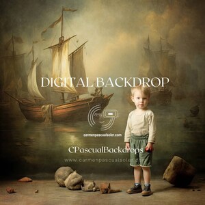 Puede incluir: Un telón de fondo digital que presenta una pintura de un paisaje marítimo con tres barcos de vela. Un niño pequeño con una camisa blanca y pantalones cortos azules se para frente a la pintura. El texto "DIGITAL BACKDROP" está escrito en letras grandes en la parte superior de la pintura. El texto "CPascuallBackdrops" está escrito en el centro inferior de la pintura.