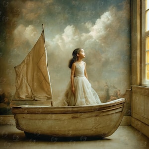 May include: A young person in a cream dress stands in a small boat with a sail, looking upwards. The boat is set against a backdrop of a cloudy sky and a painted mural. The scene evokes a sense of wonder and imagination.