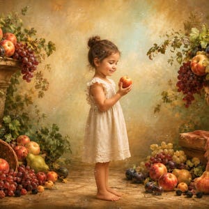 Puede incluir: Un niño pequeño con el pelo recogido en un moño está descalzo con un sencillo vestido blanco sin mangas, sosteniendo una manzana roja. La escena está rodeada de cestas desbordantes y urnas de piedra llenas de frutas como uvas, peras y manzanas.