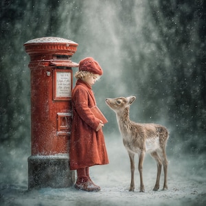 May include: A young person in a red coat and beret stands beside a red mailbox, holding a book, with a deer looking up at them. Snow falls in a winter scene. The mailbox has a round top and a small sign.