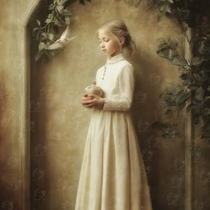 Puede incluir: Una persona con un vestido largo de encaje color crema sostiene un pequeño objeto redondo. Dos palomas blancas vuelan cerca, y follaje verde enmarca la escena. El fondo es una pared en tonos sepia con una puerta arqueada.