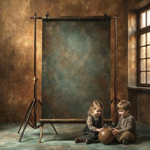 Peut inclure: Un fond de studio avec un arrière-plan marbré vert d'eau et marron est soutenu par un pied en laiton. Deux enfants sont assis par terre, jouant avec un ballon en cuir marron. Une fenêtre est visible en arrière-plan.
