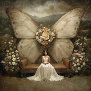 Puede incluir: Una mujer con un vestido blanco está sentada en un banco de cuero marrón, con grandes alas de mariposa detrás de ella. Las alas están adornadas con flores. Arreglos florales flanquean el banco, y un paisaje montañoso está en el fondo.