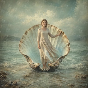 Puede incluir: Una persona está de pie dentro de una concha marina grande, abierta y texturizada, parcialmente sumergida en el agua del mar. La persona viste un vestido largo de color beige claro con mangas tres cuartos. El cielo está nublado.