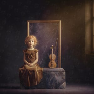 Dark Moody Purple Violin Digital Backdrop, Vintage Gold Frame & Marble Pedestal, Dark Academia Classical Music Portrait BG, JPG Download 4K!