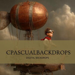 Puede incluir: Un dirigible de estilo steampunk con un globo marrón y una góndola de madera. Un niño con gafas y una bufanda roja está en la góndola. La imagen incluye el texto "CPASCUALBACKDROPS DIGITAL BACKDROPS".