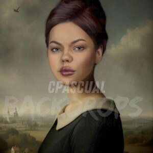 Puede incluir: Una mujer con el pelo castaño oscuro recogido en un moño, lleva un vestido negro con cuello blanco, posada sobre un fondo pintado de un cielo nublado y un paisaje lejano.