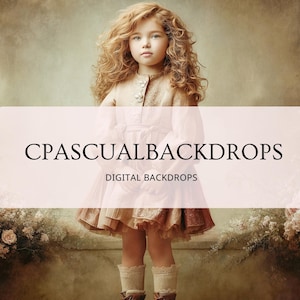Puede incluir: Una niña con largo cabello rizado color rojizo viste un vestido beige con detalles de encaje y botas marrones. La imagen tiene una estética suave y soñadora, con el texto "CPASCUALBACKDROPS DIGITAL BACKDROPS" superpuesto. El fondo es de estilo vintage.