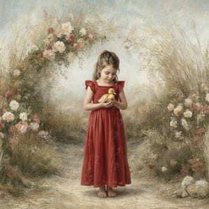 Puede incluir: Una joven con un vestido rojo sostiene un patito amarillo en un campo. La escena está enmarcada por un arco de flores y hierba alta, con una calidad suave y pictórica.