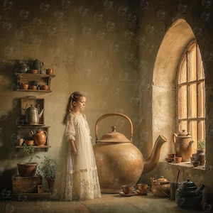 Puede incluir: Una persona joven con un vestido blanco está de pie cerca de una gran tetera de cobre. La escena incluye varias teteras, tazas y estantes llenos de tazas de té. La habitación tiene una estética vintage con una gran ventana arqueada e iluminación cálida.