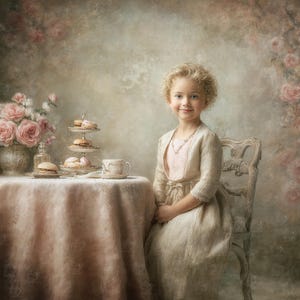 May include: A young person sits at a table set for tea, with a tiered tray of pastries and a bouquet of pink roses. The table is covered with a light pink tablecloth. The person wears a light-colored dress and jacket, and a pearl necklace.
