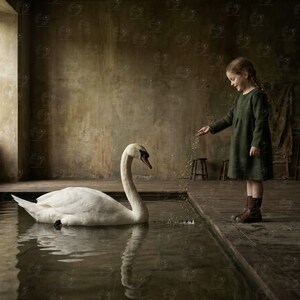 Pode incluir: Uma cena interior serena apresenta um cisne branco numa piscina de água. Uma pessoa jovem com um vestido verde está por perto, espalhando algo na água. A sala tem um aspecto rústico e envelhecido com uma janela e bancos de madeira.