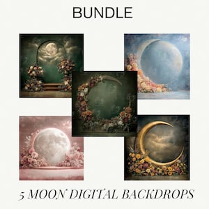 Puede incluir: Un paquete de cinco fondos digitales con diseños de luna y flores. Los fondos incluyen lunas llenas, medias lunas y arreglos florales en varios colores. Se muestran las palabras "BUNDLE" y "5 MOON DIGITAL BACKDROPS".
