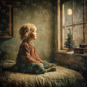 Puede incluir: Un niño con una rebeca color óxido y pantalones azules está sentado en una cama, mirando por una ventana la luna llena. Un pequeño árbol de Navidad está en el alféizar, junto a dos pequeñas cajas de madera. La habitación tiene una estética vintage y rústica.