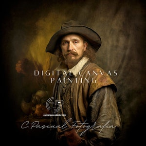 May include: A digital painting of a man in a brown hat and jacket, with a beard and mustache. The painting is in a dark, smoky style, and the man's face is illuminated by a warm light. The text "DIGITAL CANVAS PAINTING" is written in white letters across the top of the image.