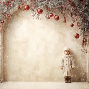 Op de afbeelding: Een kind in een crèmekleurige jas en hoed staat in een kerstachtige setting. Boven is een decoratieve boog versierd met bevroren dennentakken, rode bessen en hangende rode ballen. De achtergrond is een getextureerde, gebroken witte muur, wat een warme sfeer creëert.