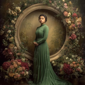 Puede incluir: Una mujer con un vestido largo y verde fluido se encuentra frente a un gran marco circular ornamentado. El marco está rodeado de una abundancia de flores coloridas, incluyendo rosas e hortensias, creando un telón de fondo exuberante y romántico. El vestido tiene mangas largas y cuello alto.