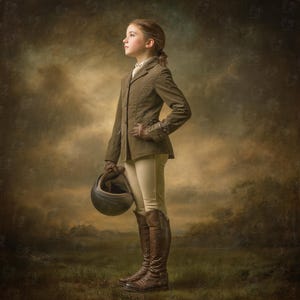 Puede incluir: Una joven ecuestre con chaqueta de montar marrón, pantalones beige y botas de montar de cuero marrón, sosteniendo un casco negro. El fondo muestra un cielo nublado y un campo de hierba. Las botas son altas.