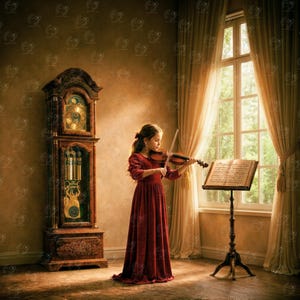 Vintage Grandfather Clock Music Room Digital Background, Old Money Romance Interior Backdrop, Victorian Window Light Printable Wall Art