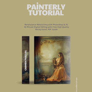 May include: A digital painting tutorial titled "Painterly Tutorial" with a woman in a long, flowing orange dress sitting on a chair in a room with a large window. The tutorial is by Carmen Pascual and includes a free high-quality background and a PDF guide.