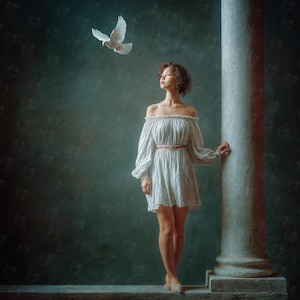 May include: A woman in a white off-the-shoulder dress with a red belt stands near a large column. A white dove flies above her. The background is a textured teal color.