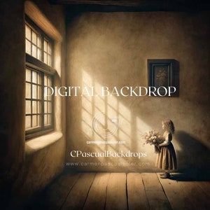 Puede incluir: Un telón de fondo digital que presenta una habitación rústica con una ventana, suelo de madera y una niña pequeña que sostiene un ramo de flores. La habitación está iluminada por la luz del sol que entra por la ventana, creando un ambiente cálido y acogedor. El texto "DIGITAL BACKDROP" se muestra en la pared.