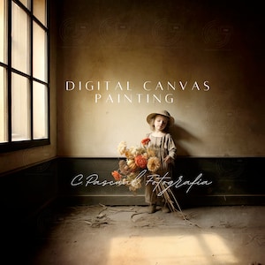 Puede incluir: Pintura digital sobre lienzo que muestra a un niño con sombrero de paja y vestido, sosteniendo un ramo de flores secas. La escena se desarrolla en una habitación con poca luz y una ventana. Texto: "DIGITAL CANVAS PAINTING".