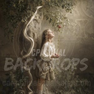 Puede incluir: Una persona joven con blusa y falda blancas se encuentra bajo un árbol con manzanas rojas. La escena está ambientada en un bosque con una cesta de manzanas y un gran tronco de árbol. La imagen tiene un estilo artístico vintage.