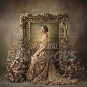 Puede incluir: Una mujer con un vestido largo, fluido y beige se encuentra frente a un gran espejo adornado con un marco dorado. El espejo está rodeado de flores rosas y blancas. El fondo es una pared suave, marrón y texturizada.