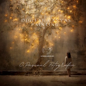 May include: A digital painting of a tree with lights hanging from its branches. The tree is growing out of a wall with a textured surface. A young person is standing in front of the tree, looking up at the lights. The text "DIGITAL CANVAS PAINTING" is at the top of the image. The text "C. Pascual Fotografía" is at the bottom of the image.