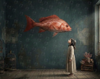Könnte beinhalten: Ein surreales Bild zeigt einen großen, roten Fisch, der über einer jungen Person in einem langen, beigen Kleid schwebt. Die Szene spielt in einem Raum mit einer teal Wand, Holzboden und antiken Vogelkäfigen. Der Fisch ist der Fokus.