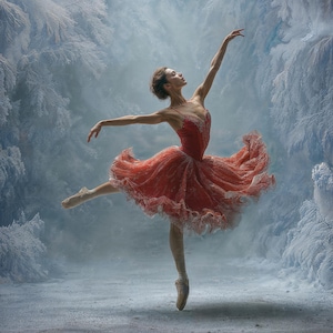 May include: A ballerina in a red dress performs a graceful pose against a backdrop of snow-covered trees. The dress features a detailed bodice and a flowing skirt with lace trim. The dancer is wearing pointe shoes.