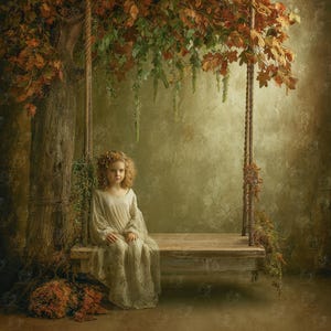 Puede incluir: Una joven está sentada en un columpio de madera bajo un árbol con hojas de color otoñal. El columpio está suspendido por cuerdas de las ramas del árbol. La persona lleva un vestido largo y fluido de color crema. El fondo tiene un tono suave, apagado, verde y marrón.