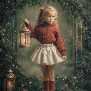 Può includere: Una bambina con un maglione rosso e una gonna bianca tiene in mano una lanterna vintage. È in piedi su un tappeto soffice, circondata da verde e luci fatate. La scena evoca un'estetica stravagante e fiabesca.