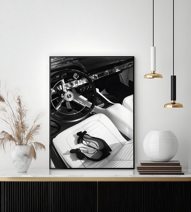 Vintage Car Poster, Black and White, Fashion Print, High Heels, Feminist Wall Art, Teen Girl Room Decor, Printable Wall Art, Luxury Prints