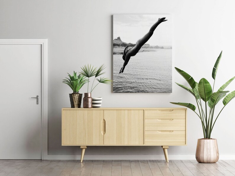 Woman Swimming Print, Black and White, Beach Photography, Diving, Feminist Poster, Girls Bedroom Decor, Printable Wall Art, Digital Download