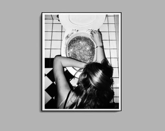 After the Disco Party Print, schwarz und weiß, lustige Badezimmer Wand Kunst, Bar Poster, Mädchen Badezimmer Dekor, Teen Mädchen Schlafzimmer, digitaler Download