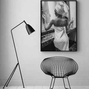 Woman Drinking Wine in Bathroom Poster, Bar Cart Print, Black and White, Printable Fashion Wall Art, Feminist Poster, Girls Bathroom Decor