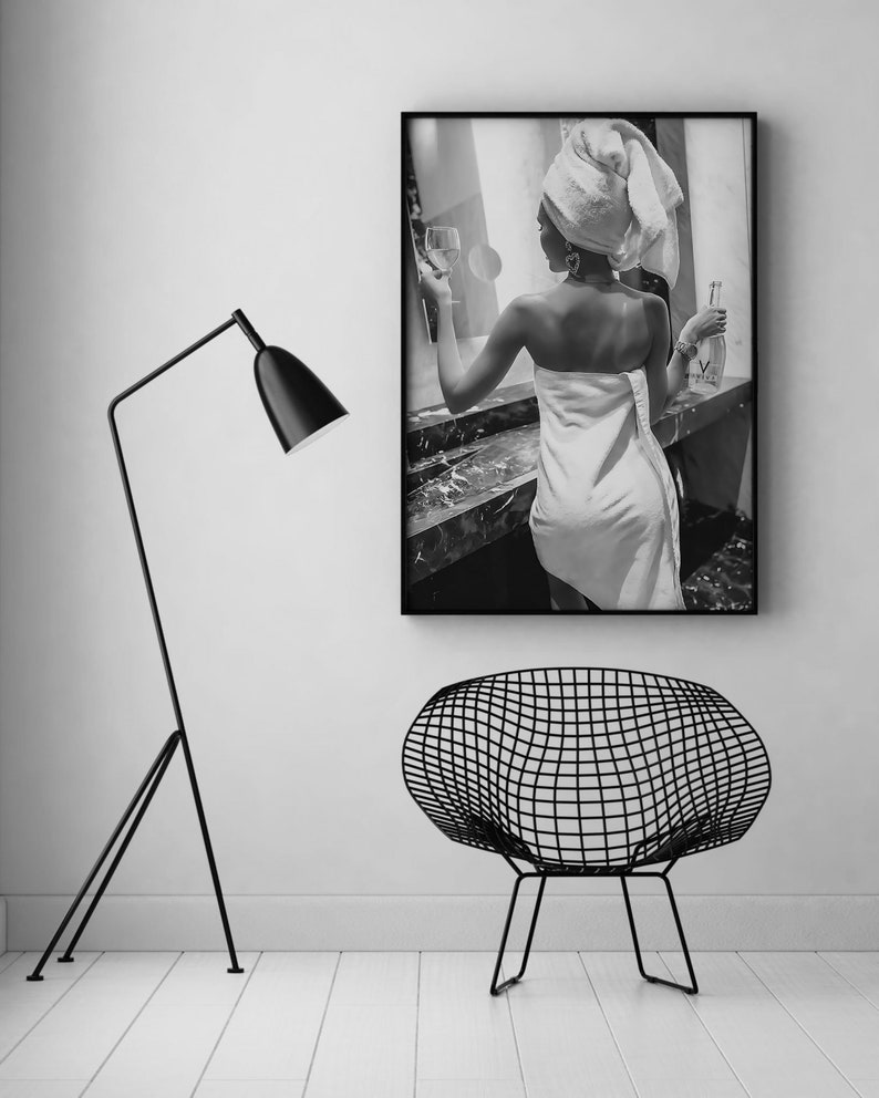 Woman Drinking Wine in Bathroom Poster, Bar Cart Print, Black and White, Printable Fashion Wall Art, Feminist Poster, Girls Bathroom Decor