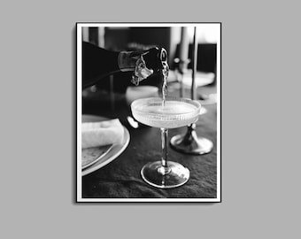 Poster di champagne, bianco e nero, stampa su carrello bar, decorazione murale per cocktail, arredamento vintage per bar, stampa di champagne, download digitale, decorazione murale per alcolici