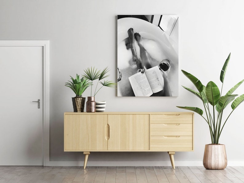 Woman Drinking Wine & Reading in Bathtub Print, Feminist Poster, Black and White, Cocktail Wall Art, Girls Bathroom Decor, Digital Download