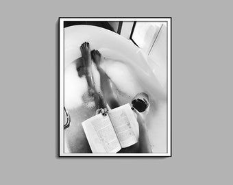 Woman Drinking Wine & Reading in Bathtub Print, Feminist Poster, Black and White, Cocktail Wall Art, Girls Bathroom Decor, Digital Download