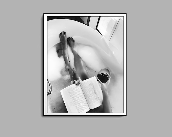 Woman Drinking Wine & Reading in Bathtub Print, Feminist Poster, Black and White, Cocktail Wall Art, Girls Bathroom Decor, Digital Download